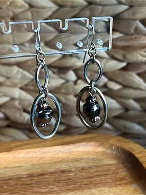 Handmade Hematite Bead Drop Earrings in Silver-Tone